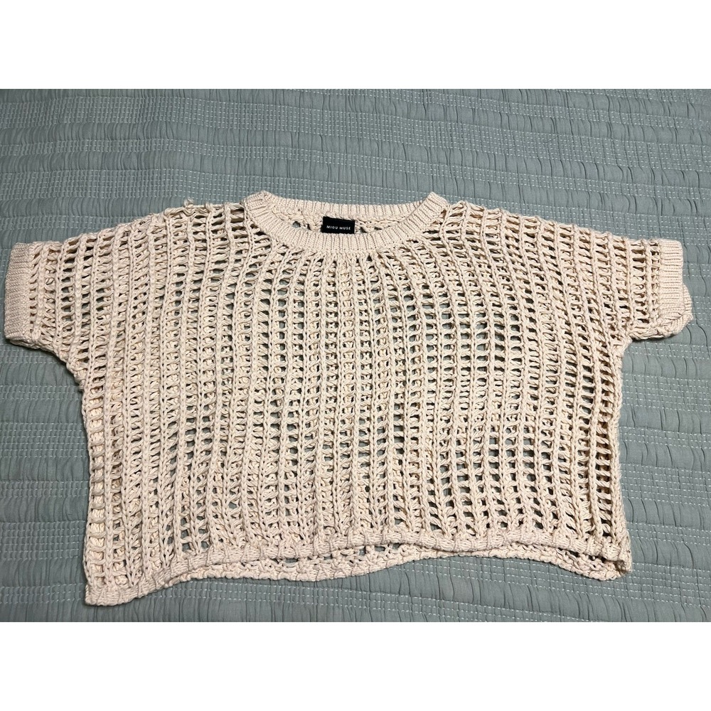 Miou Muse Luna Open Knit Net boho Top Ivory 100% cotton sz S